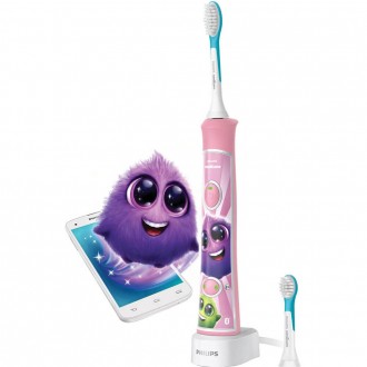 Periuta de dinti electrica Philips Sonicare Kids HX6352/42, 62000 miscari/minut, 2 moduri de curatare, Conectivitate la aplicatie, 2 capete de periere, Roz