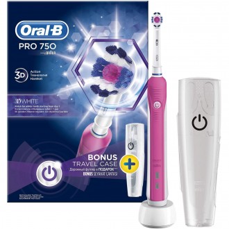 Periuta de dinti electrica Oral-B PRO 750 3D White, 8800 oscilatii, 1 program, 1 capat, Alb/Roz + Suport de calatorie