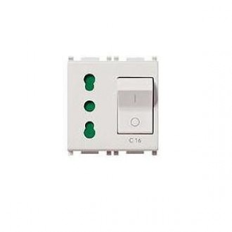 Priza modulara interblocata cu intrerupator automat, standard Italian P17/P11, 2P+T 16A, 2 module- VIMAR PLANA alba